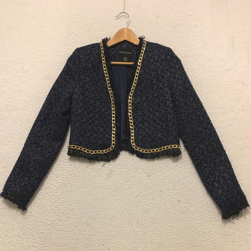 Christian Lacroix Metallic Tweed Chain Trim Cropped Jacket Blazer XS Navy Gold